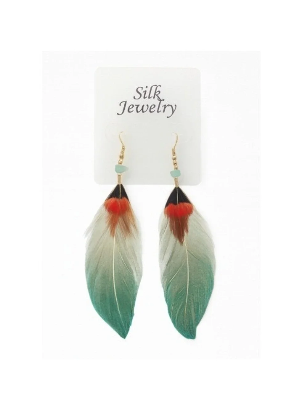 Silk Jewelry Women's Feather Earrings Green Blue Dangle Bohemian Tribal Boho